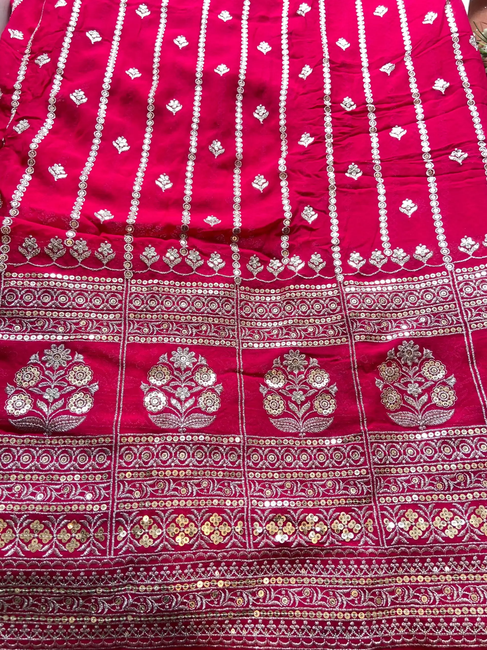 All Over Gold Sequin Embroidery With Heavy Border On Pink Georgette Fabric