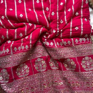 All Over Gold Sequin Embroidery With Heavy Border On Pink Georgette Fabric