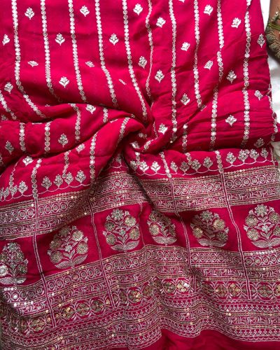 All Over Gold Sequin Embroidery With Heavy Border On Pink Georgette Fabric