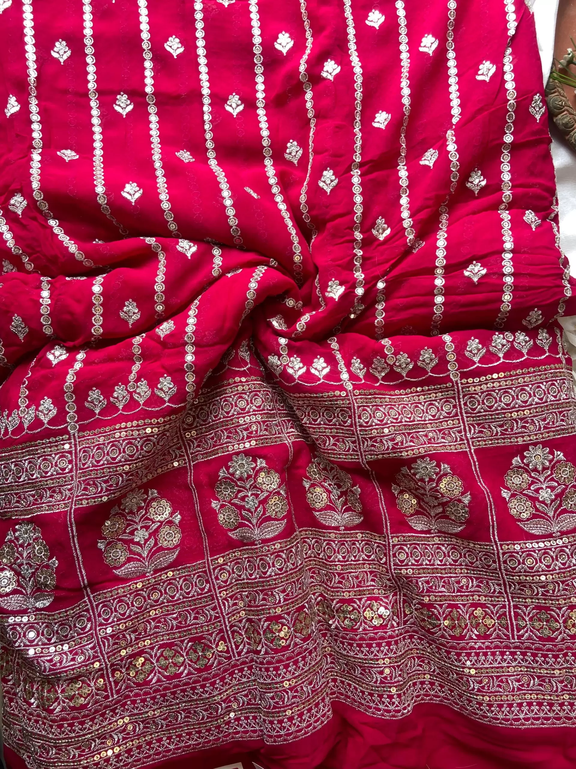 All Over Gold Sequin Embroidery With Heavy Border On Pink Georgette Fabric