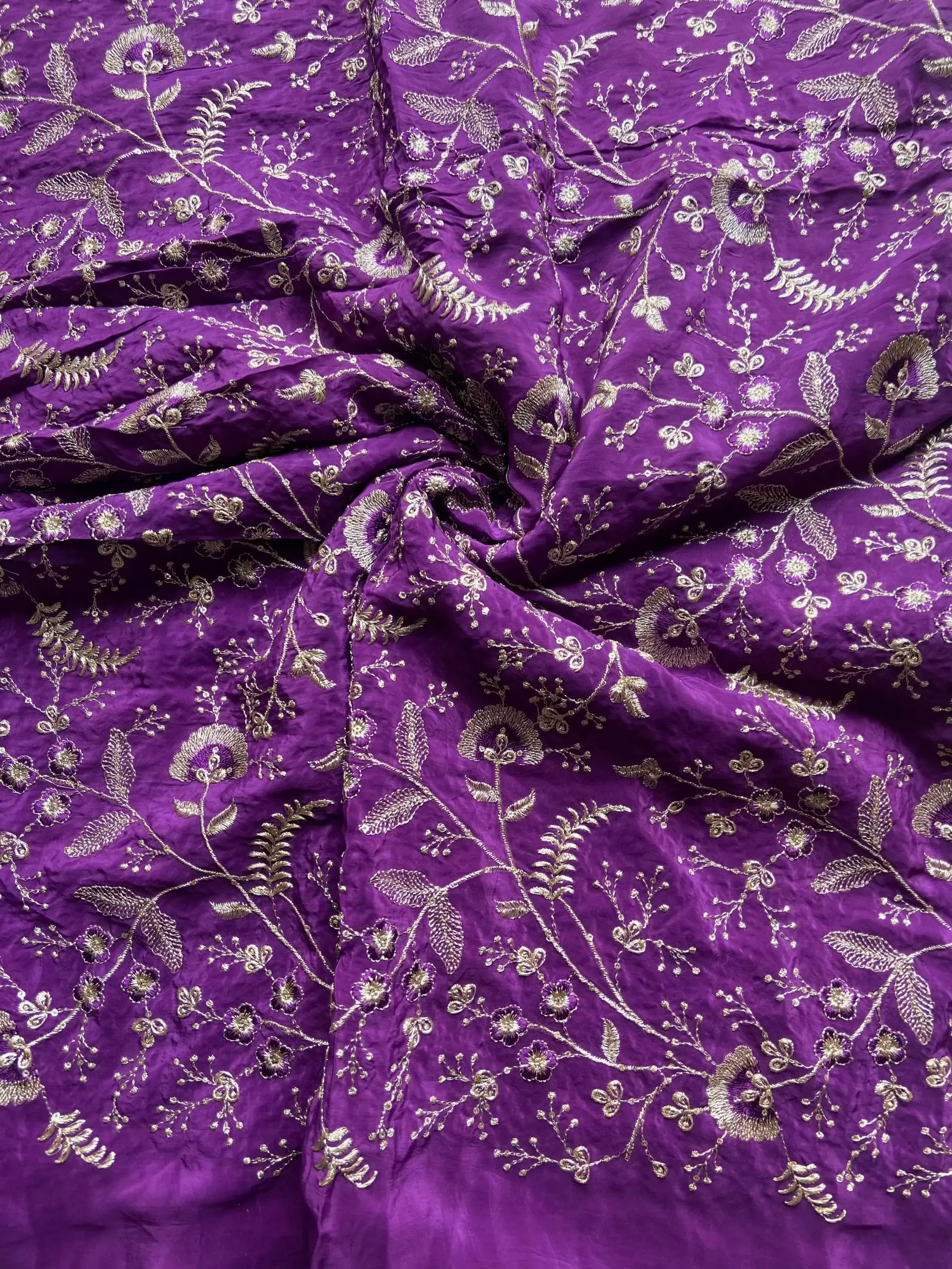 All over zari Embroidery in dark purple pure Crepe fabric