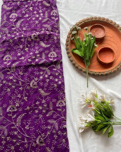All over zari Embroidery in dark purple pure Crepe fabric