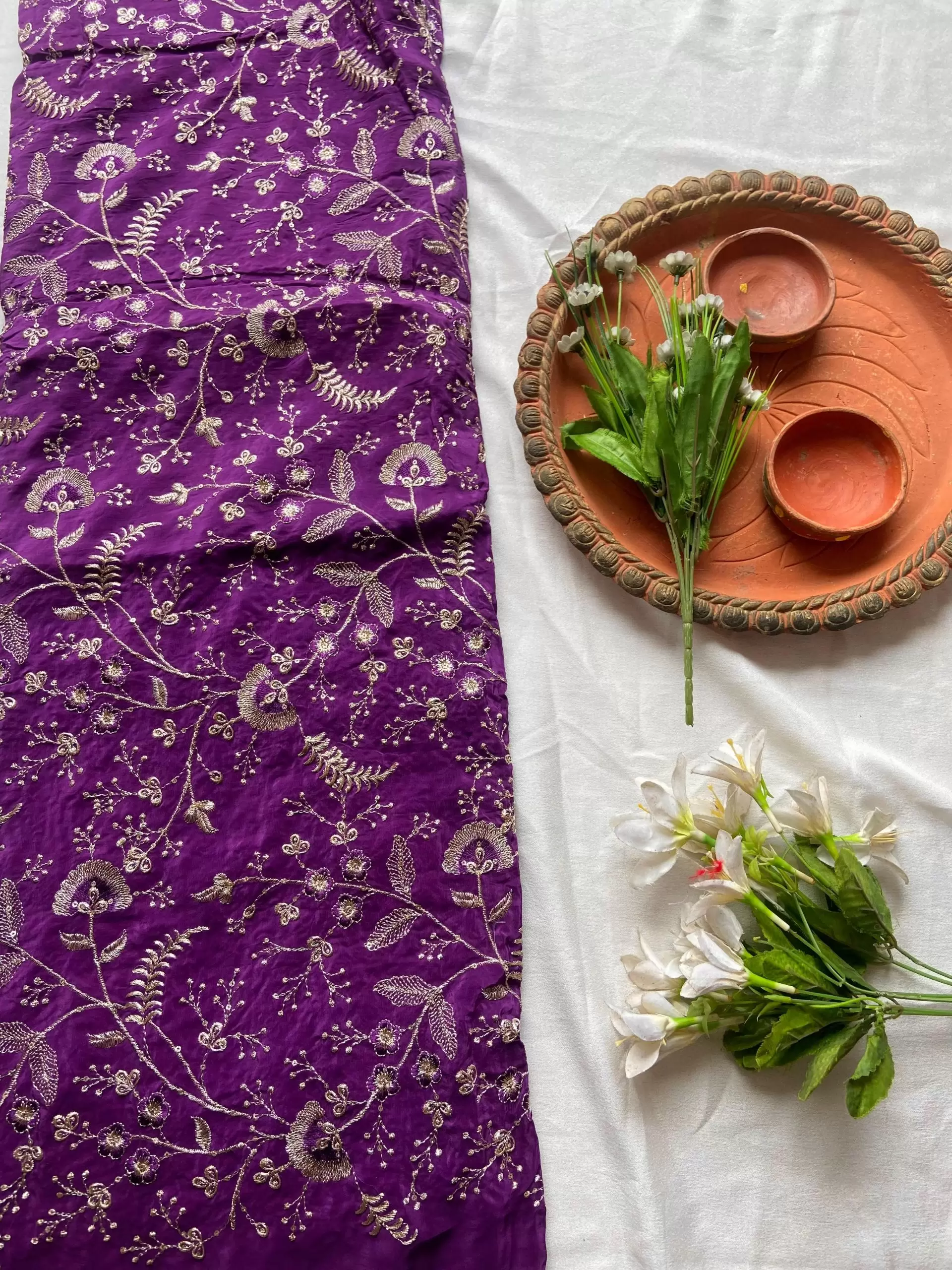 All over zari Embroidery in dark purple pure Crepe fabric