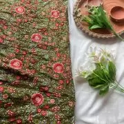 Multicolor Floral Thread and Sequin Embroidered on Green Pure Georgette Fabric
