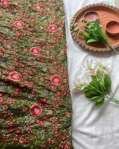 Multicolor Floral Thread and Sequin Embroidered on Green Pure Georgette Fabric