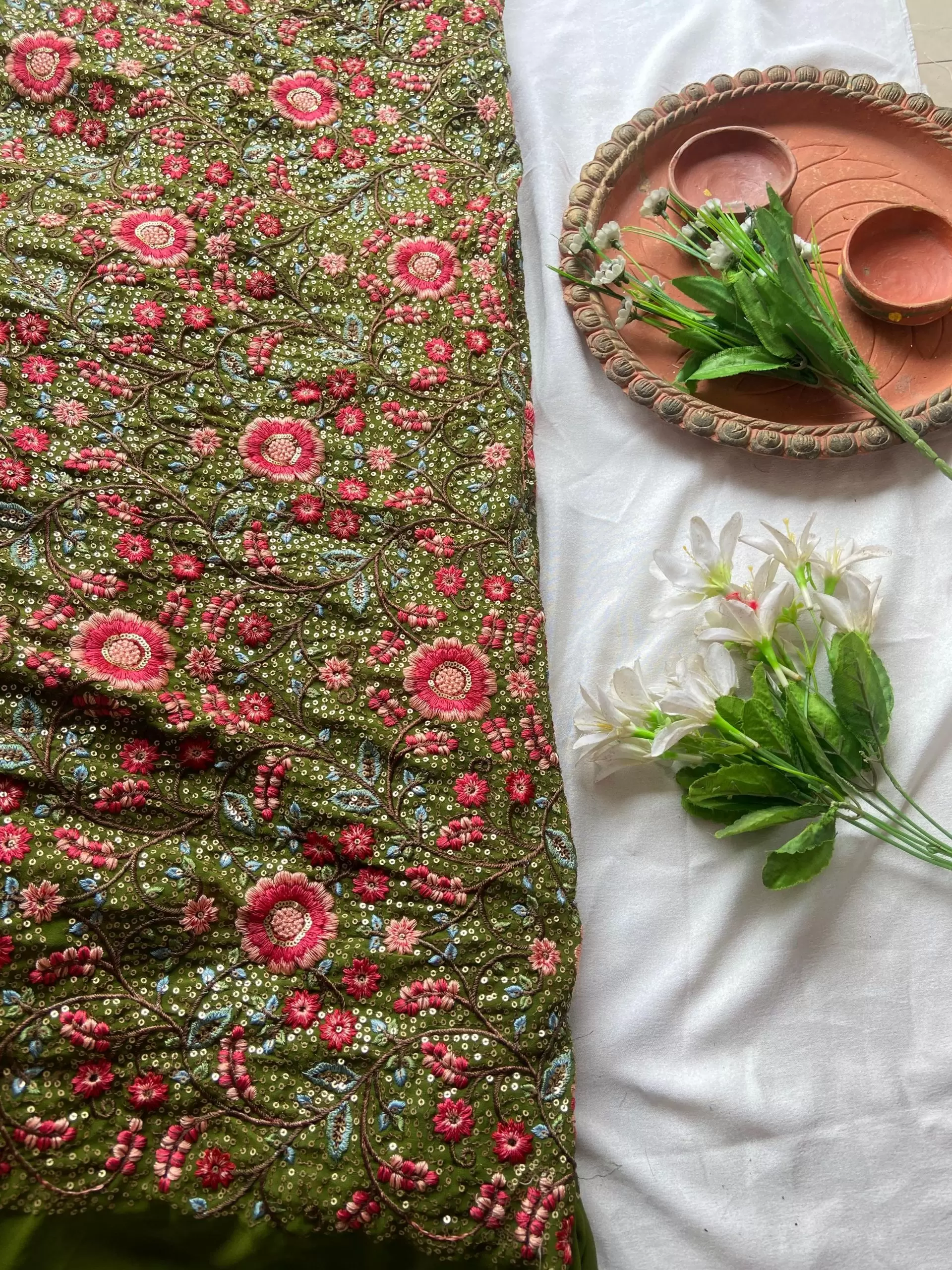 Multicolor Floral Thread and Sequin Embroidered on Green Pure Georgette Fabric