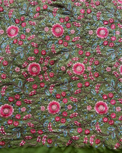 Multicolor Floral Thread and Sequin Embroidered on Green Pure Georgette Fabric