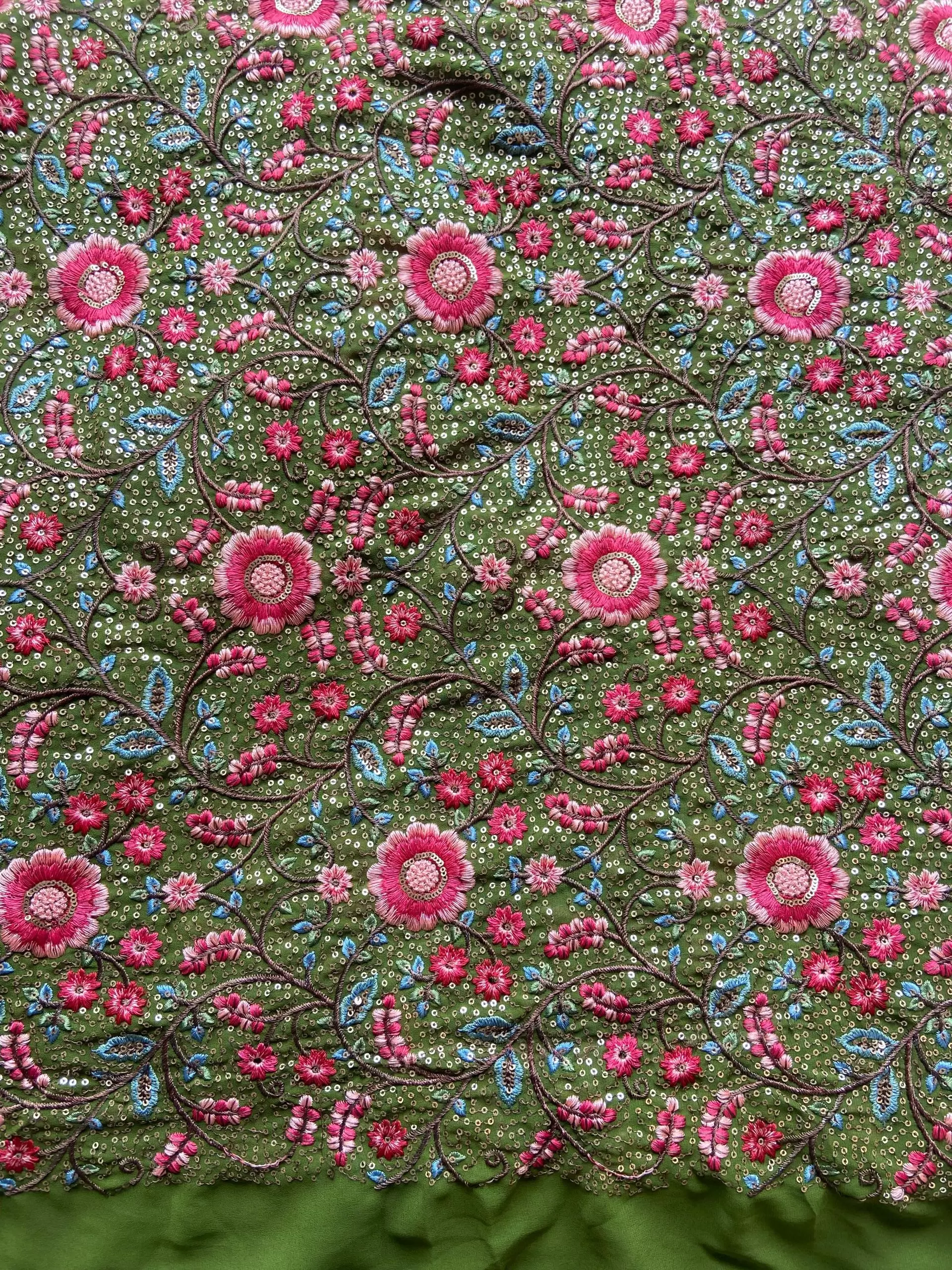 Multicolor Floral Thread and Sequin Embroidered on Green Pure Georgette Fabric