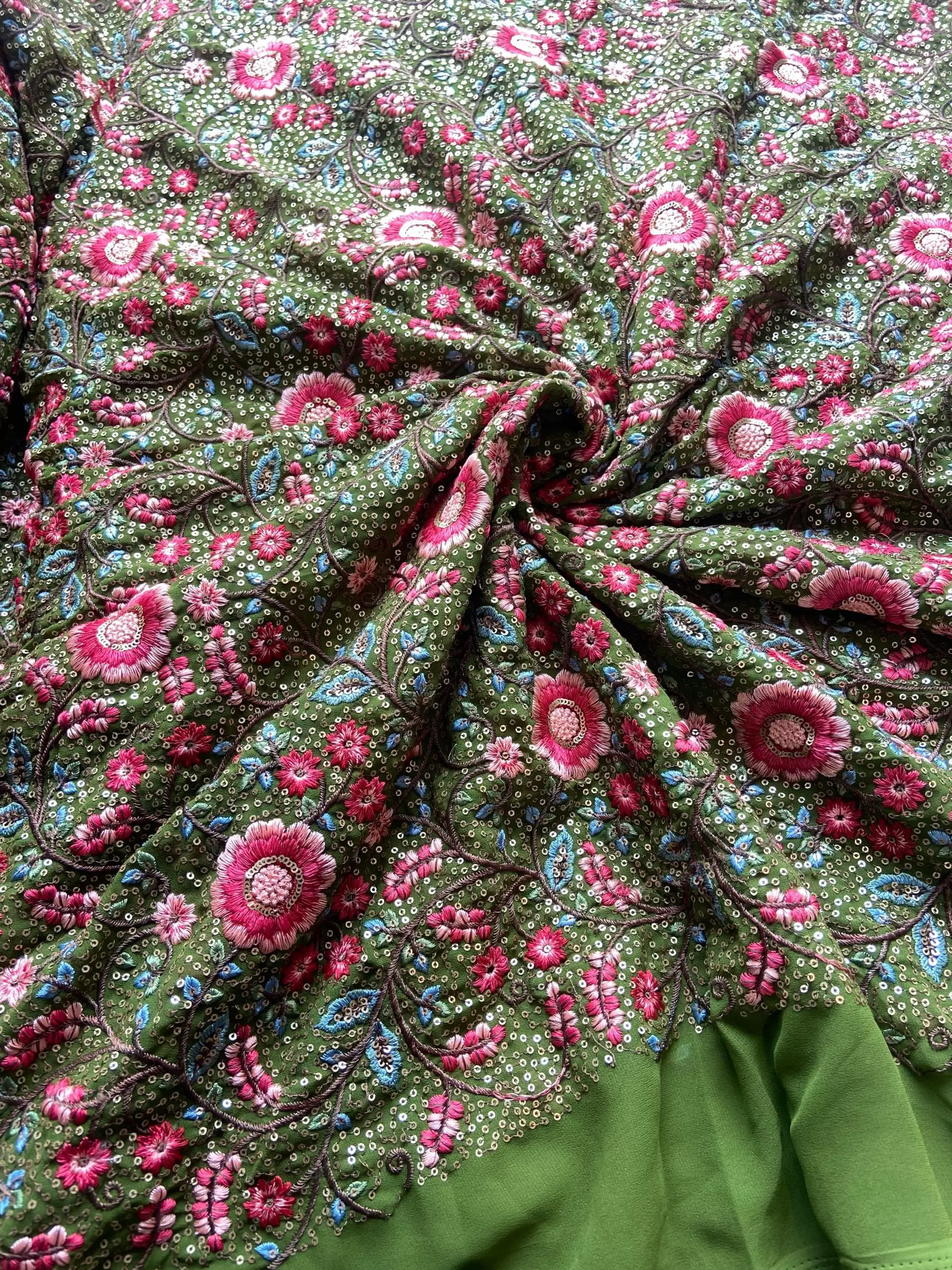 Multicolor Floral Thread and Sequin Embroidered on Green Pure Georgette Fabric