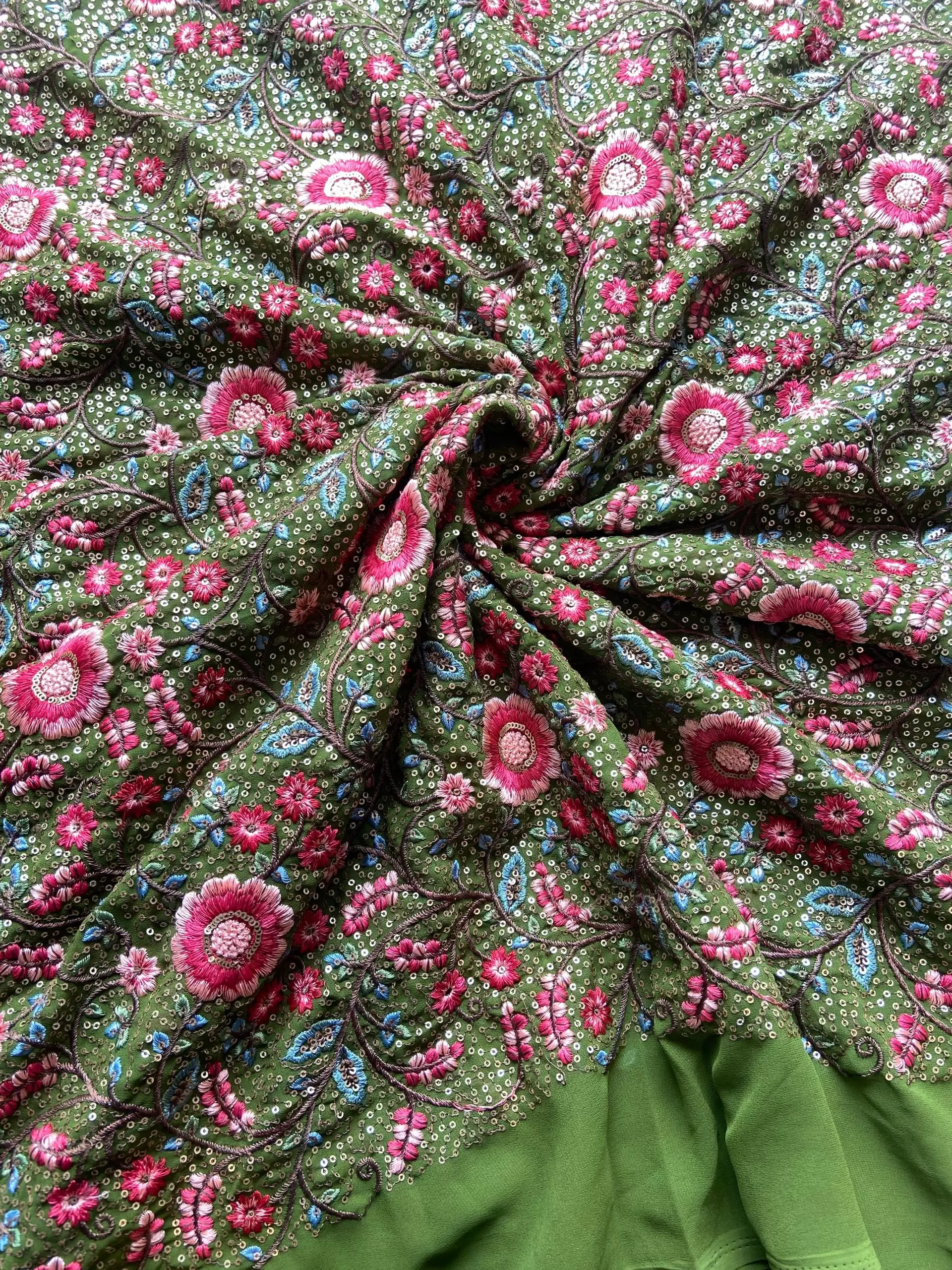 Multicolor Floral Thread and Sequin Embroidered on Green Pure Georgette Fabric