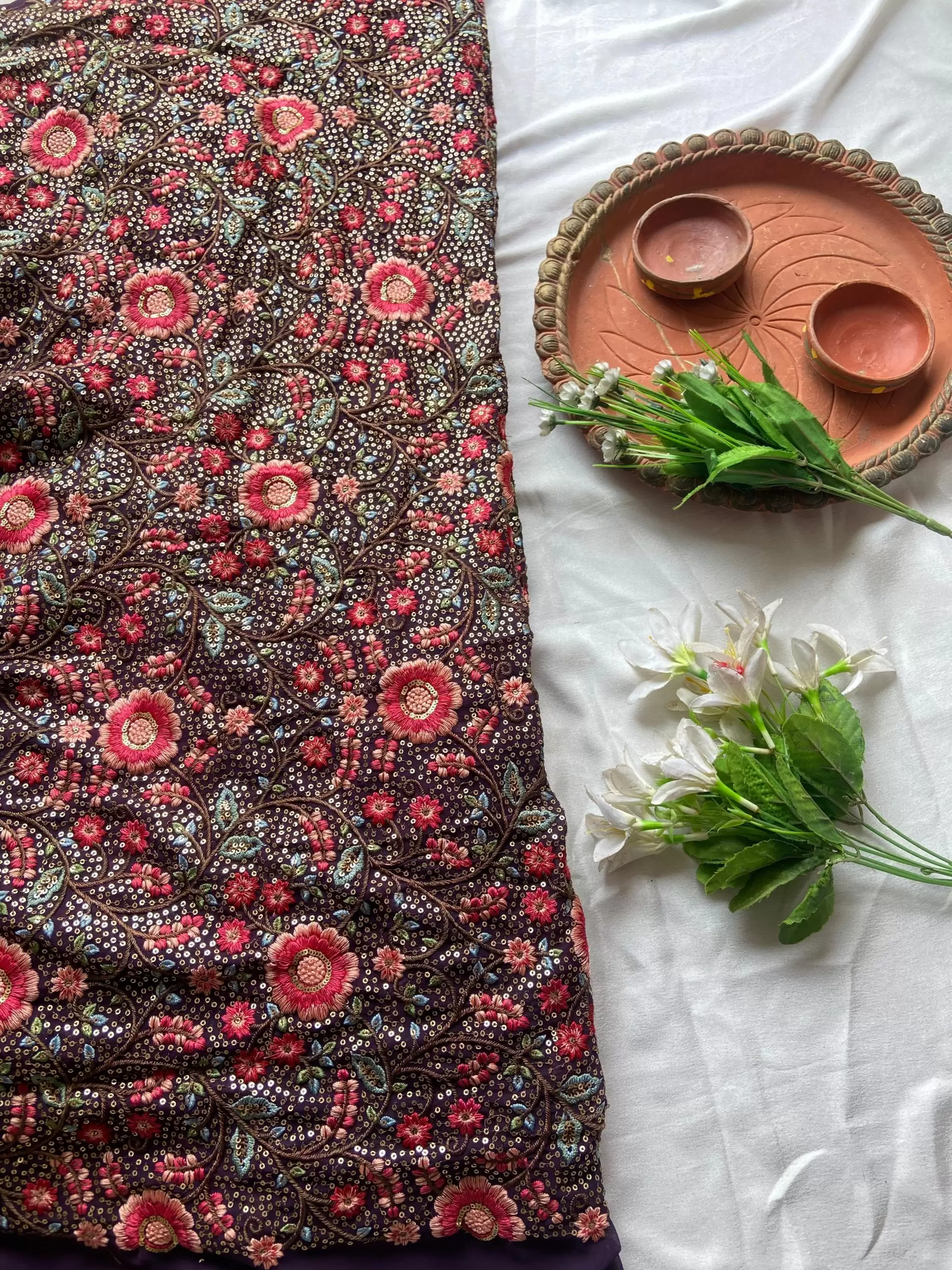 Multicolor Floral Thread and Sequin Embroidered on Purple Pure Georgette Fabric