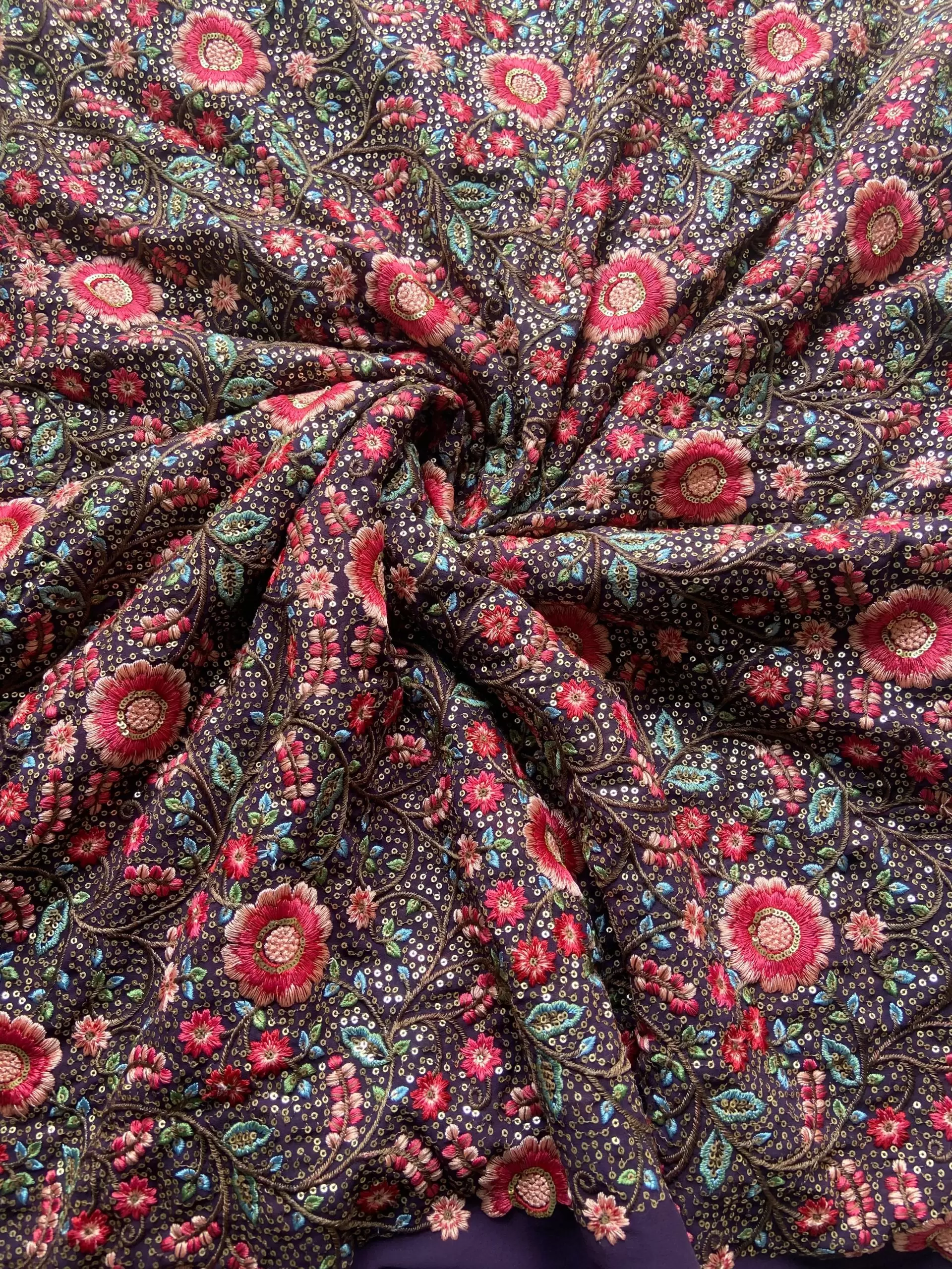 Multicolor Floral Thread and Sequin Embroidered on Purple Pure Georgette Fabric