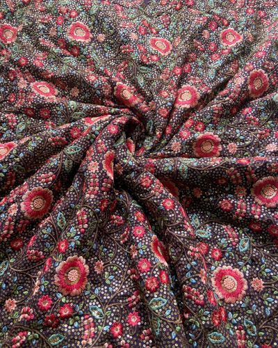 Multicolor Floral Thread and Sequin Embroidered on Purple Pure Georgette Fabric