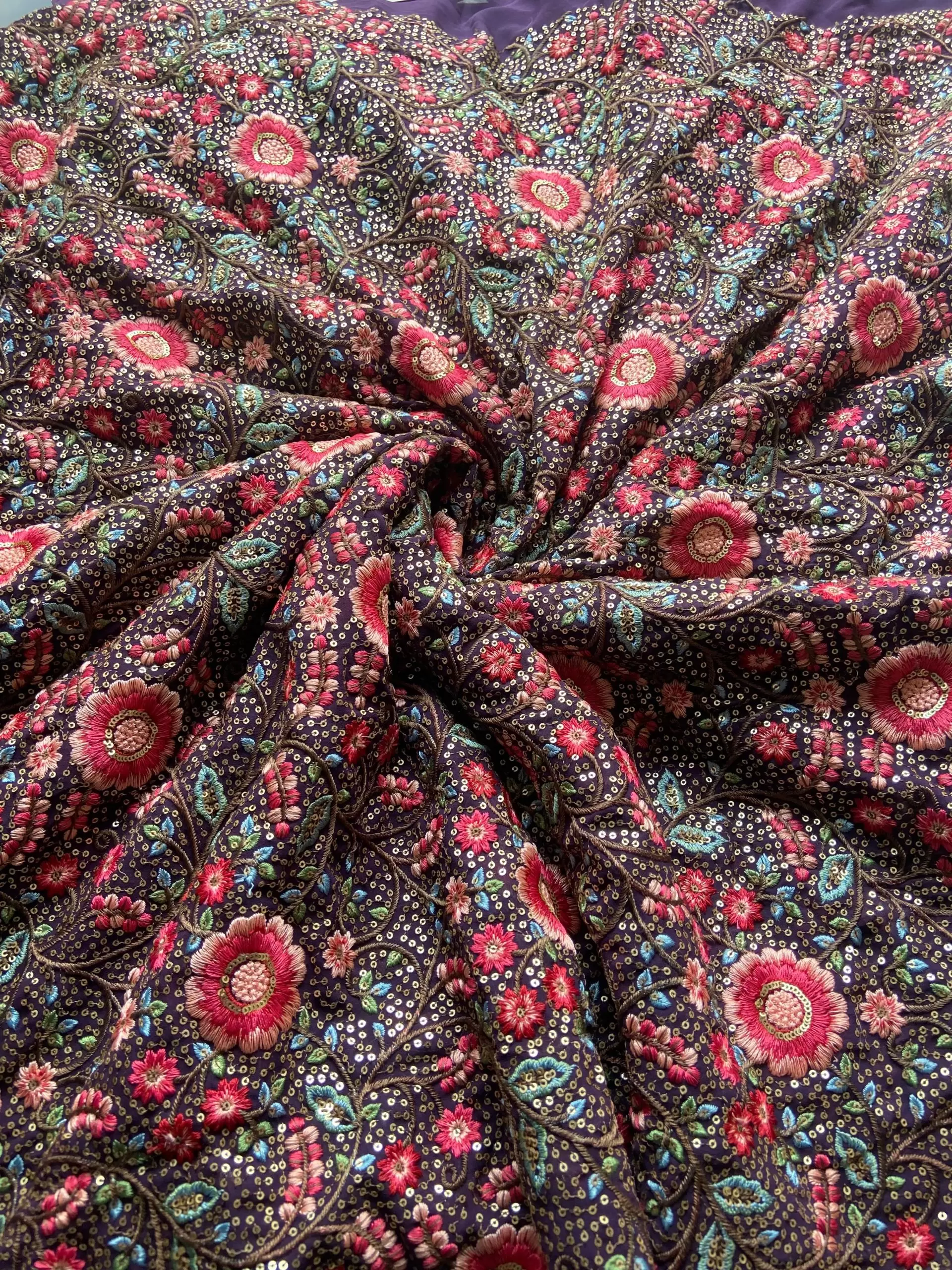 Multicolor Floral Thread and Sequin Embroidered on Purple Pure Georgette Fabric