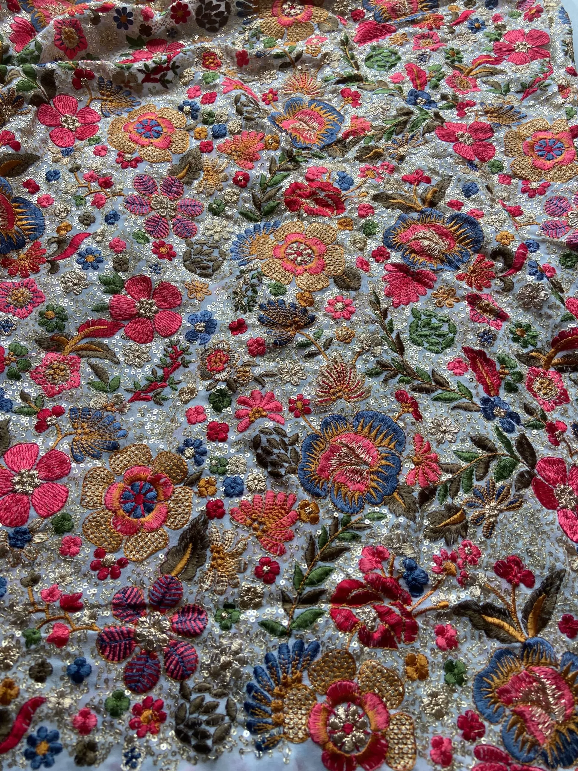 Multicolor Floral Thread and Sequin Embroidered on White Pure Georgette Fabric