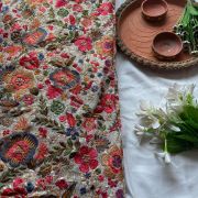 Multicolor Floral Thread and Sequin Embroidered on White Pure Georgette Fabric