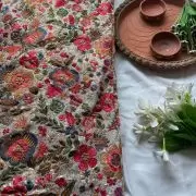 Multicolor Floral Thread and Sequin Embroidered on White Pure Georgette Fabric