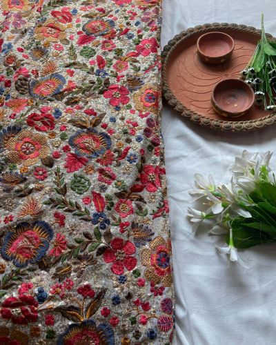 Multicolor Floral Thread and Sequin Embroidered on White Pure Georgette Fabric