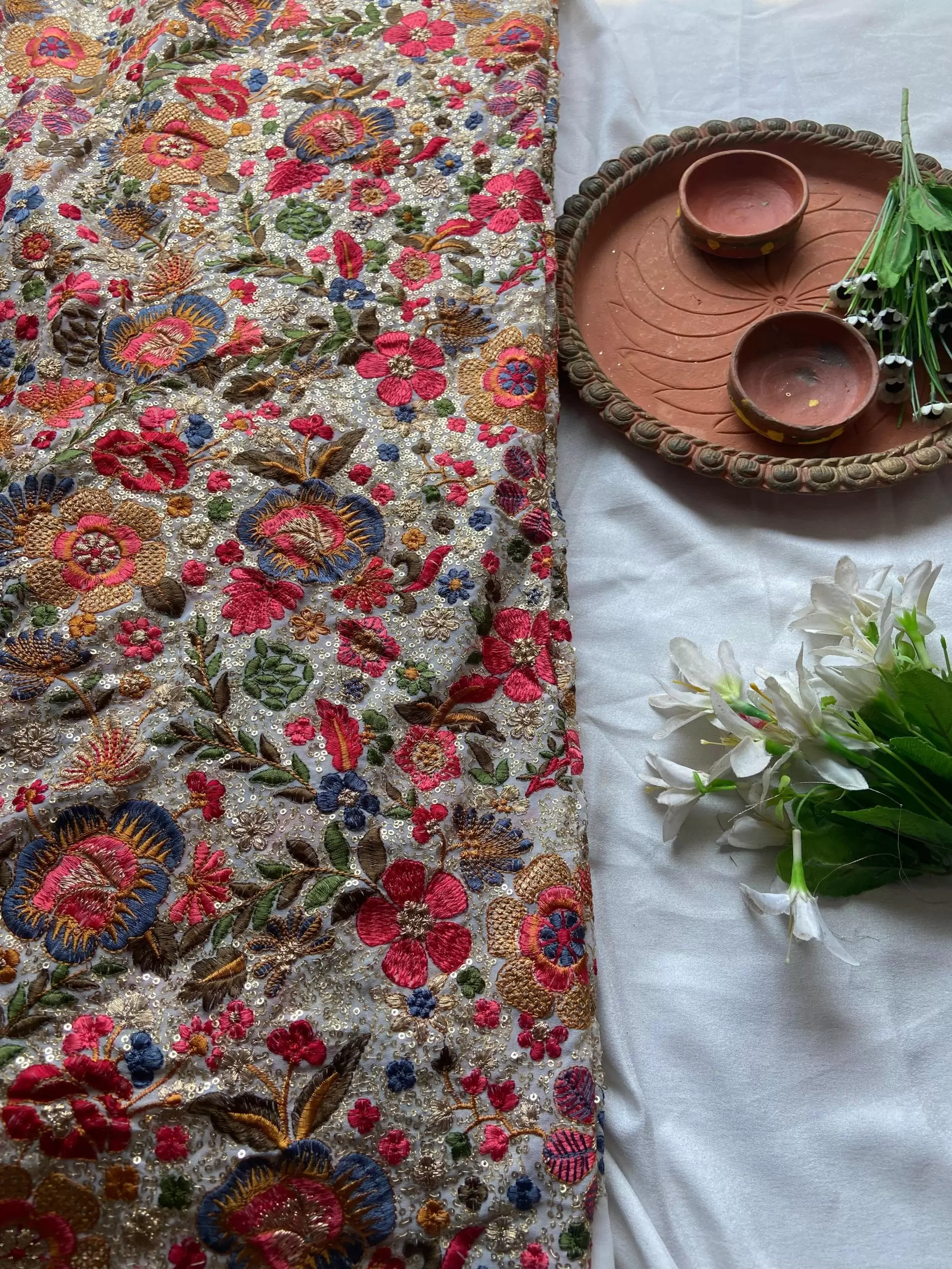 Multicolor Floral Thread and Sequin Embroidered on White Pure Georgette Fabric