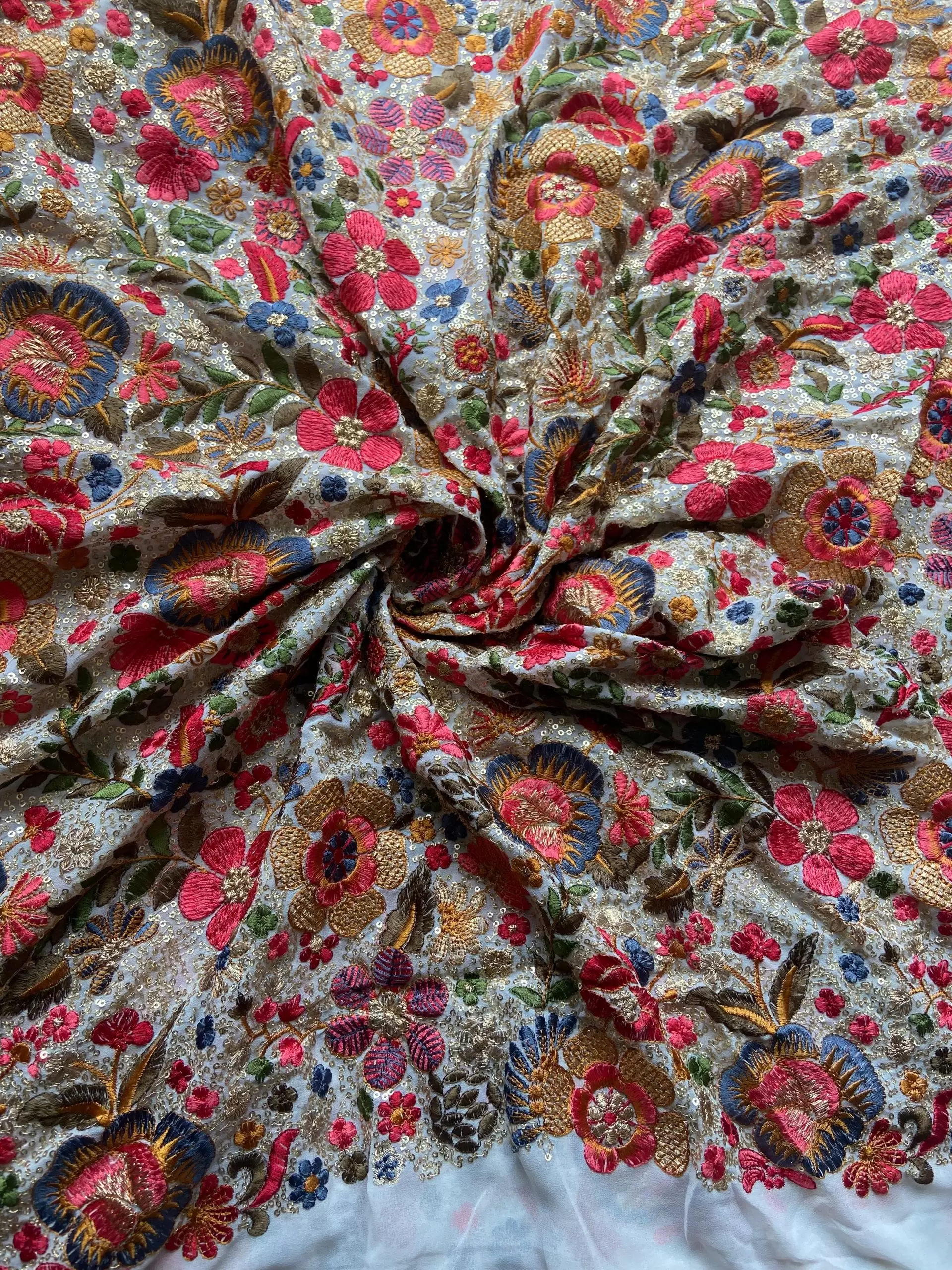 Multicolor Floral Thread and Sequin Embroidered on White Pure Georgette Fabric