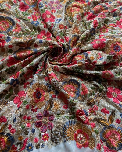 Multicolor Floral Thread and Sequin Embroidered on White Pure Georgette Fabric