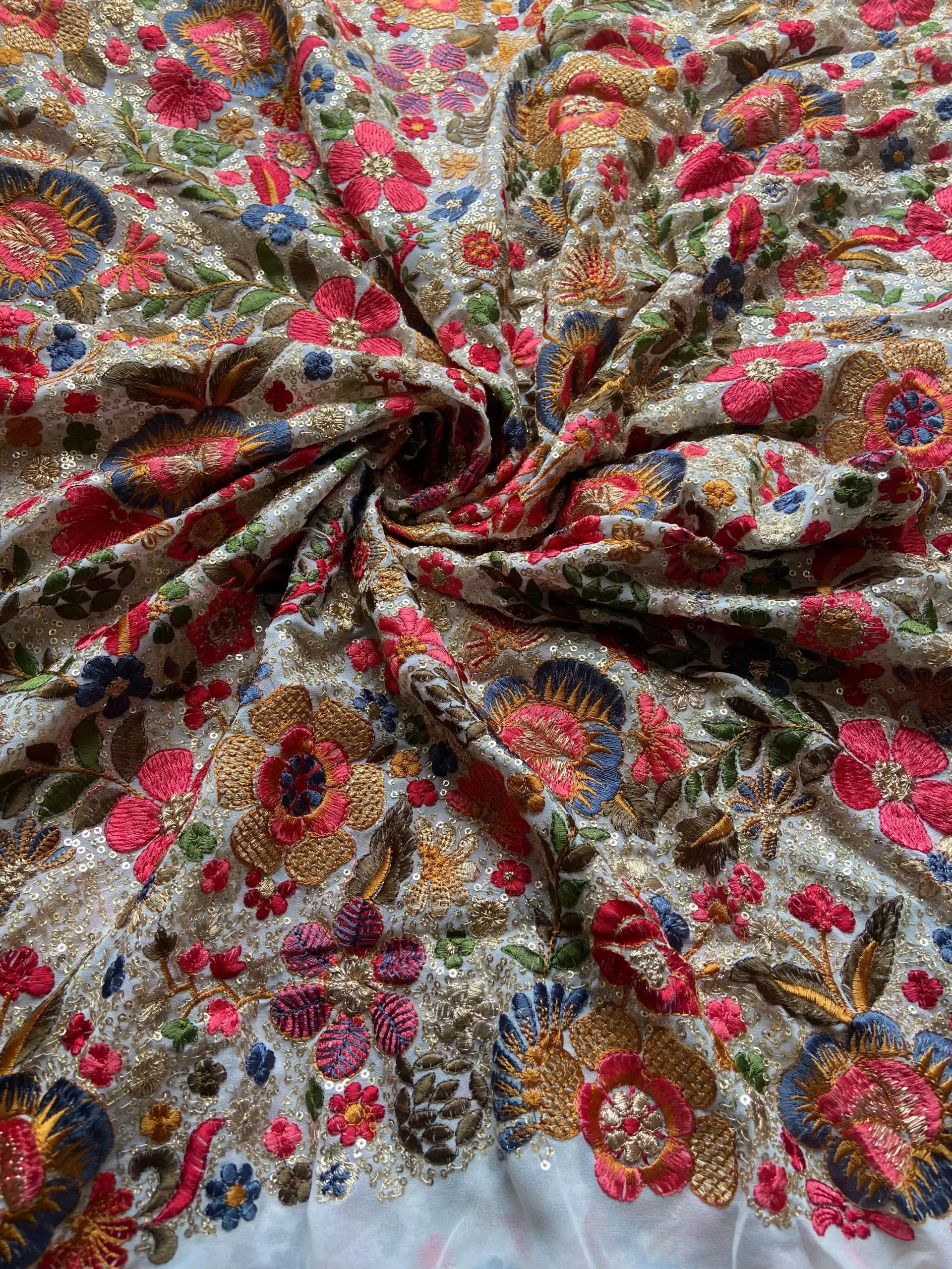 Multicolor Floral Thread and Sequin Embroidered on White Pure Georgette Fabric