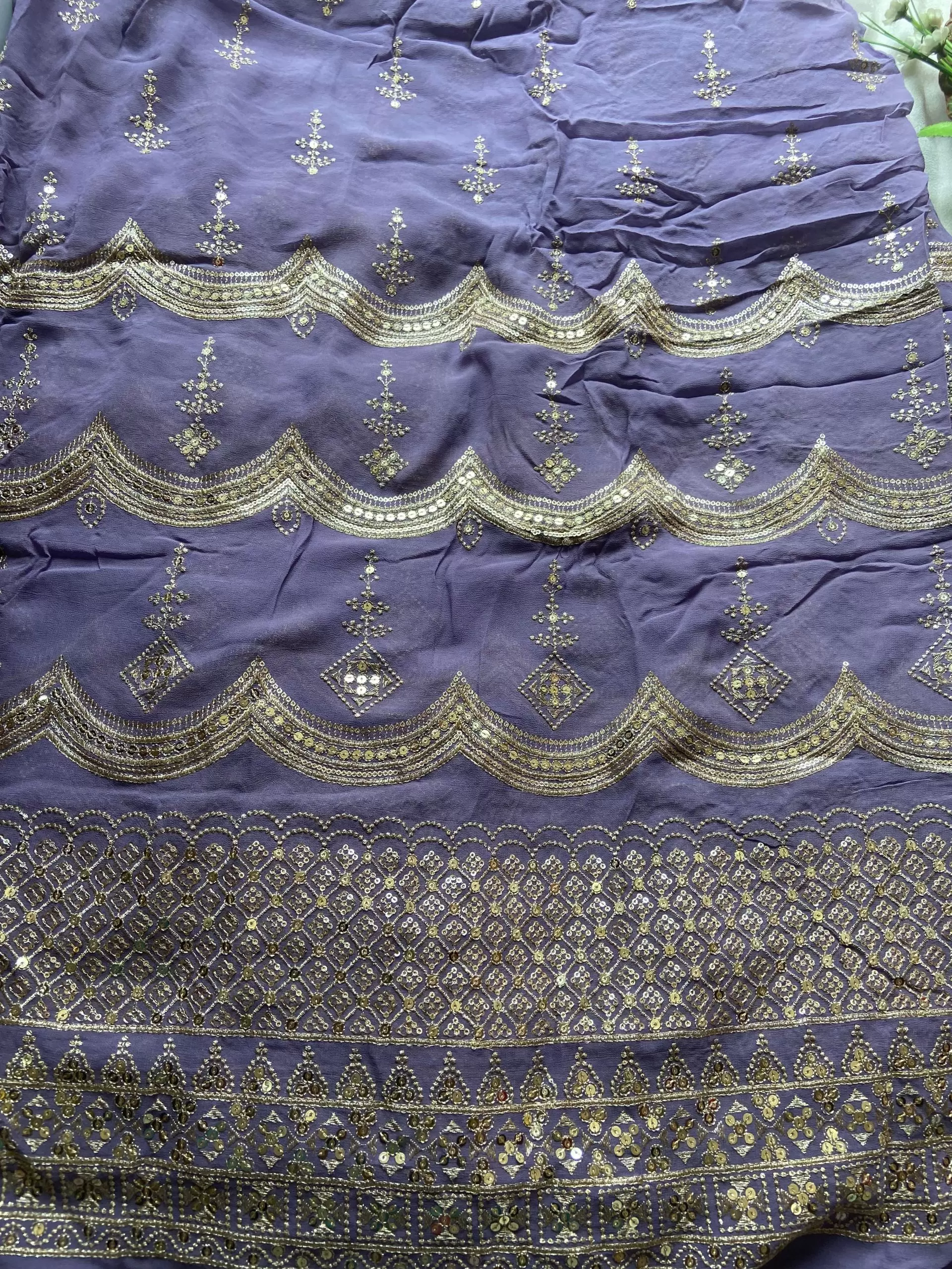 Pure georgette daman embroidered fabric in mauve purple