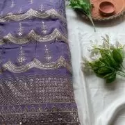 Pure georgette daman embroidered fabric in mauve purple