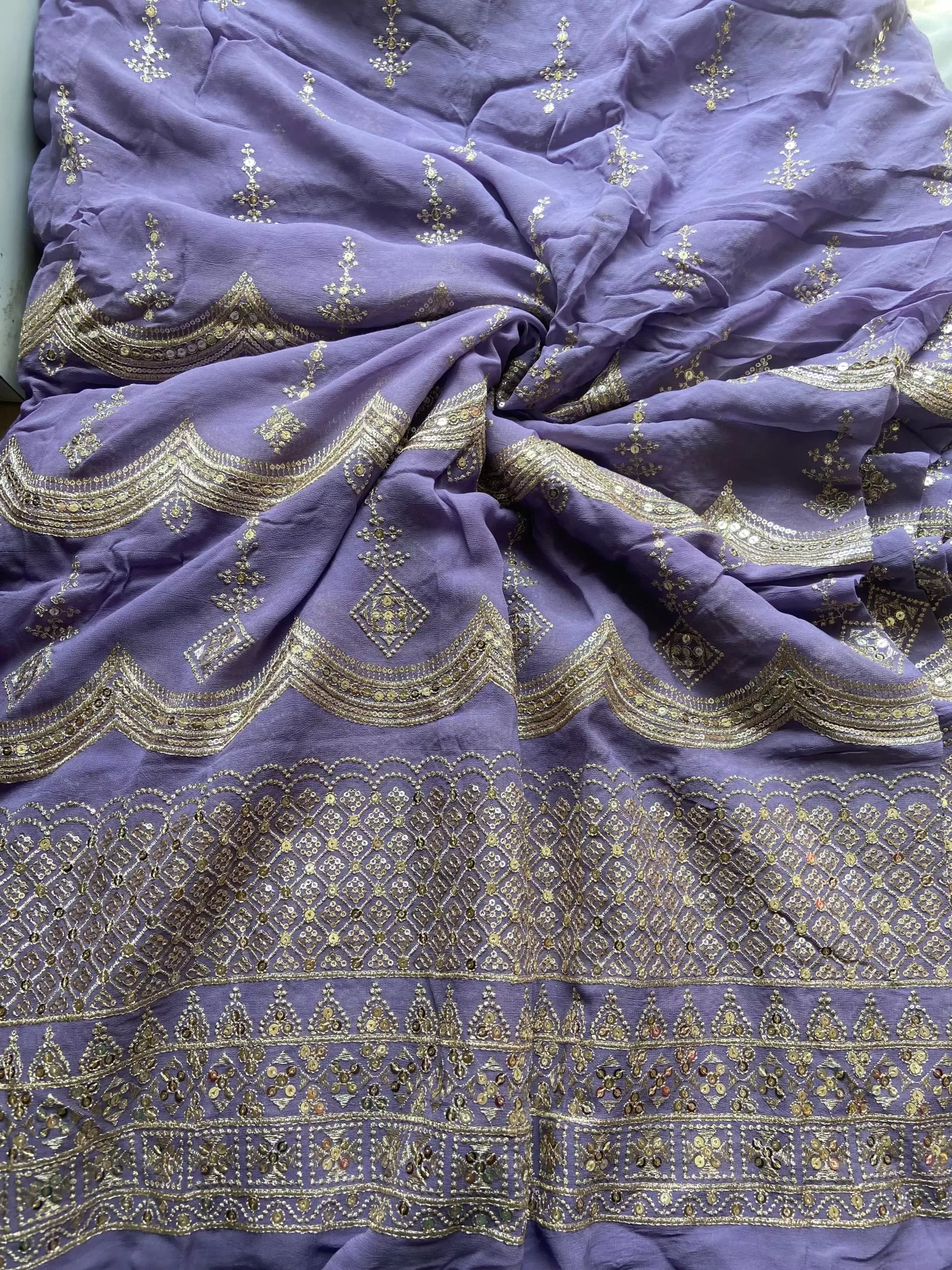 Pure georgette daman embroidered fabric in mauve purple