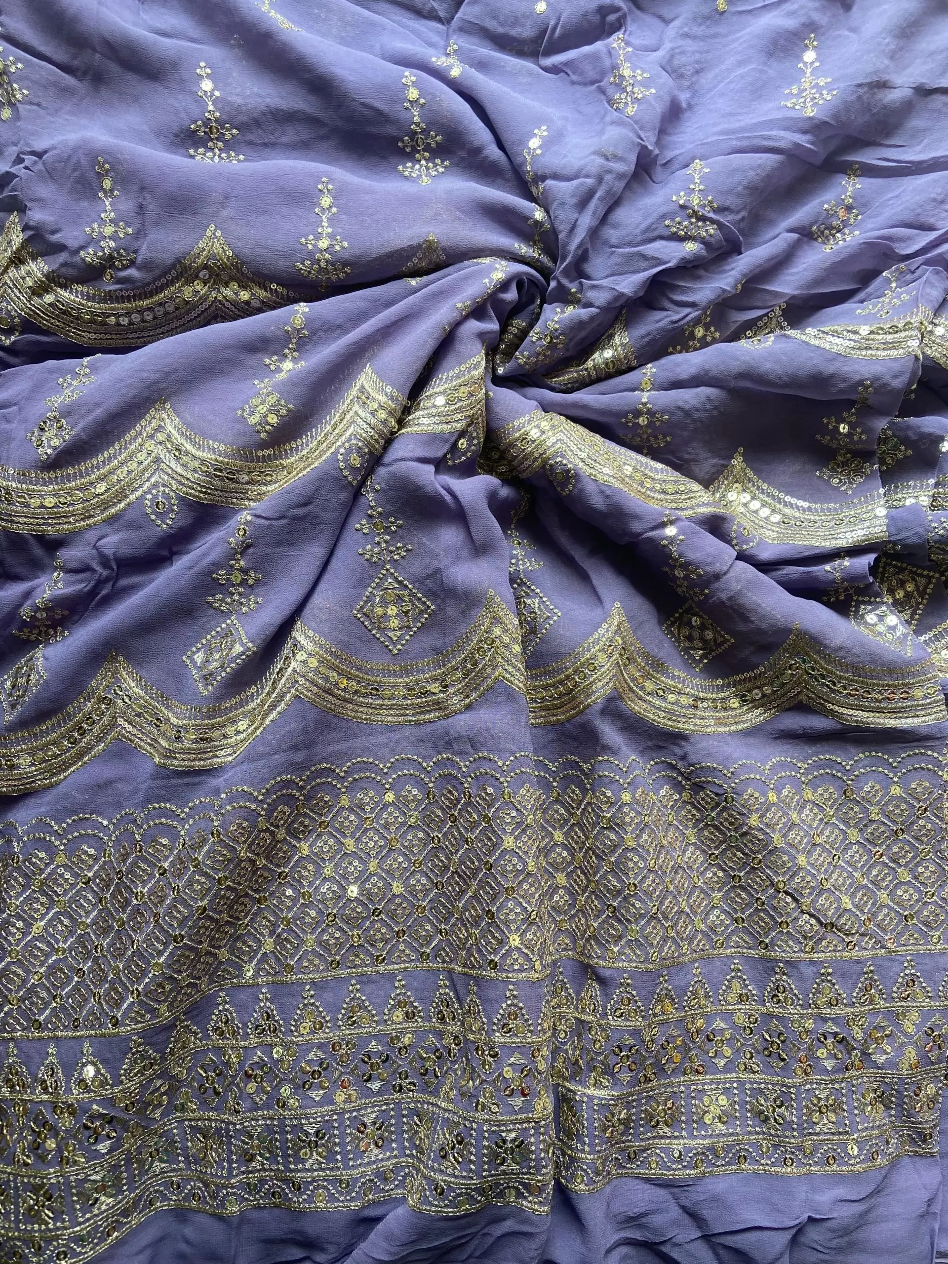 Pure georgette daman embroidered fabric in mauve purple