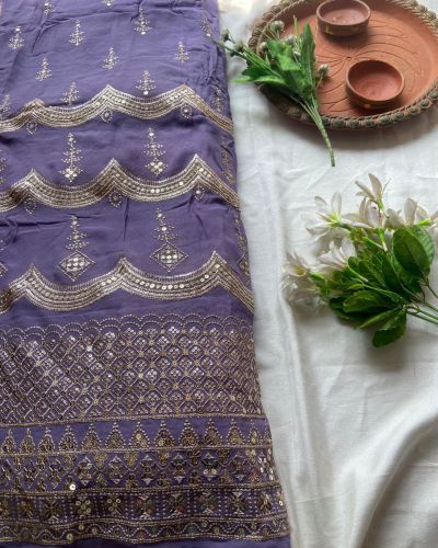Pure georgette daman embroidered fabric in mauve purple
