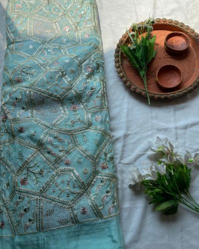 Multicolor abstract Sequin and Gota Embroidered on Sky Blue Pure chinon Fabric