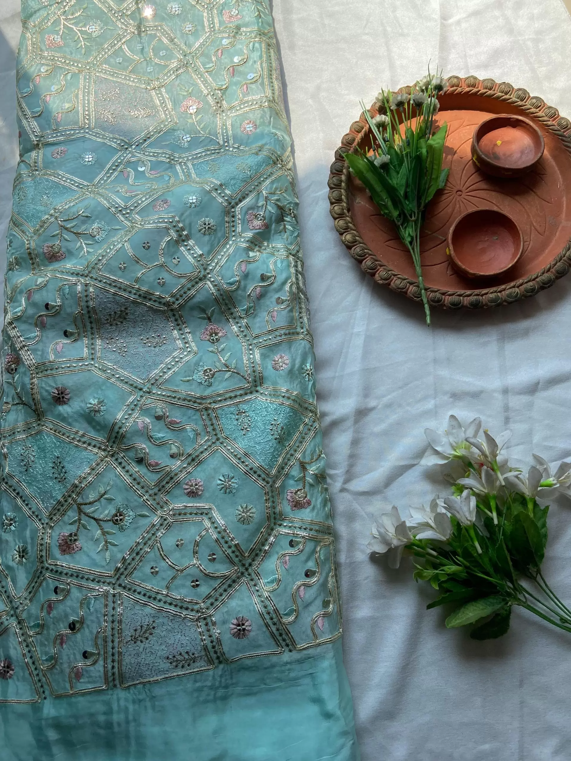 Multicolor abstract Sequin and Gota Embroidered on Sky Blue Pure chinon Fabric