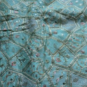 Multicolor abstract Sequin and Gota Embroidered on Sky Blue Pure chinon Fabric