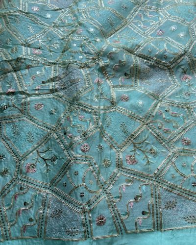 Multicolor abstract Sequin and Gota Embroidered on Sky Blue Pure chinon Fabric