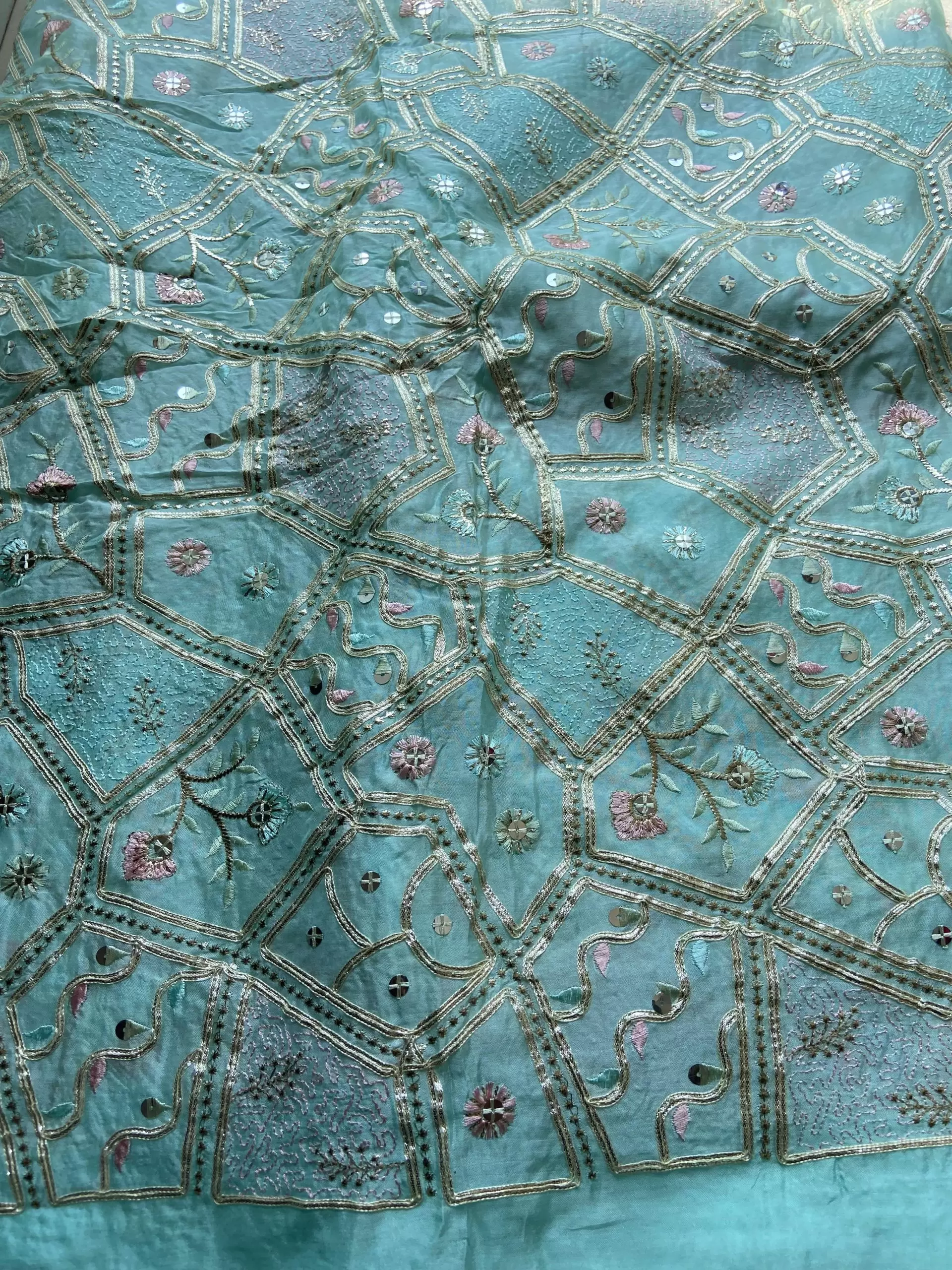 Multicolor abstract Sequin and Gota Embroidered on Sky Blue Pure chinon Fabric