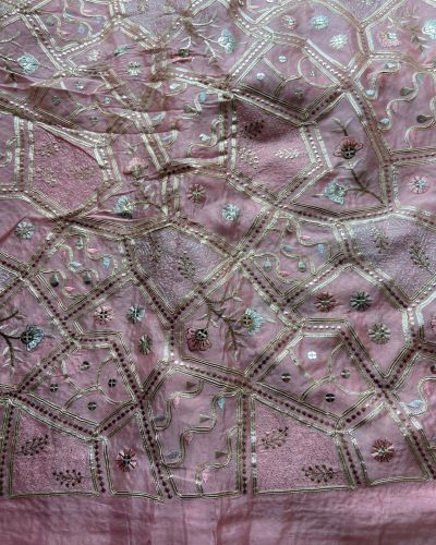 Multicolor abstract Sequin and Gota Embroidered on Pink Pure chinon Fabric
