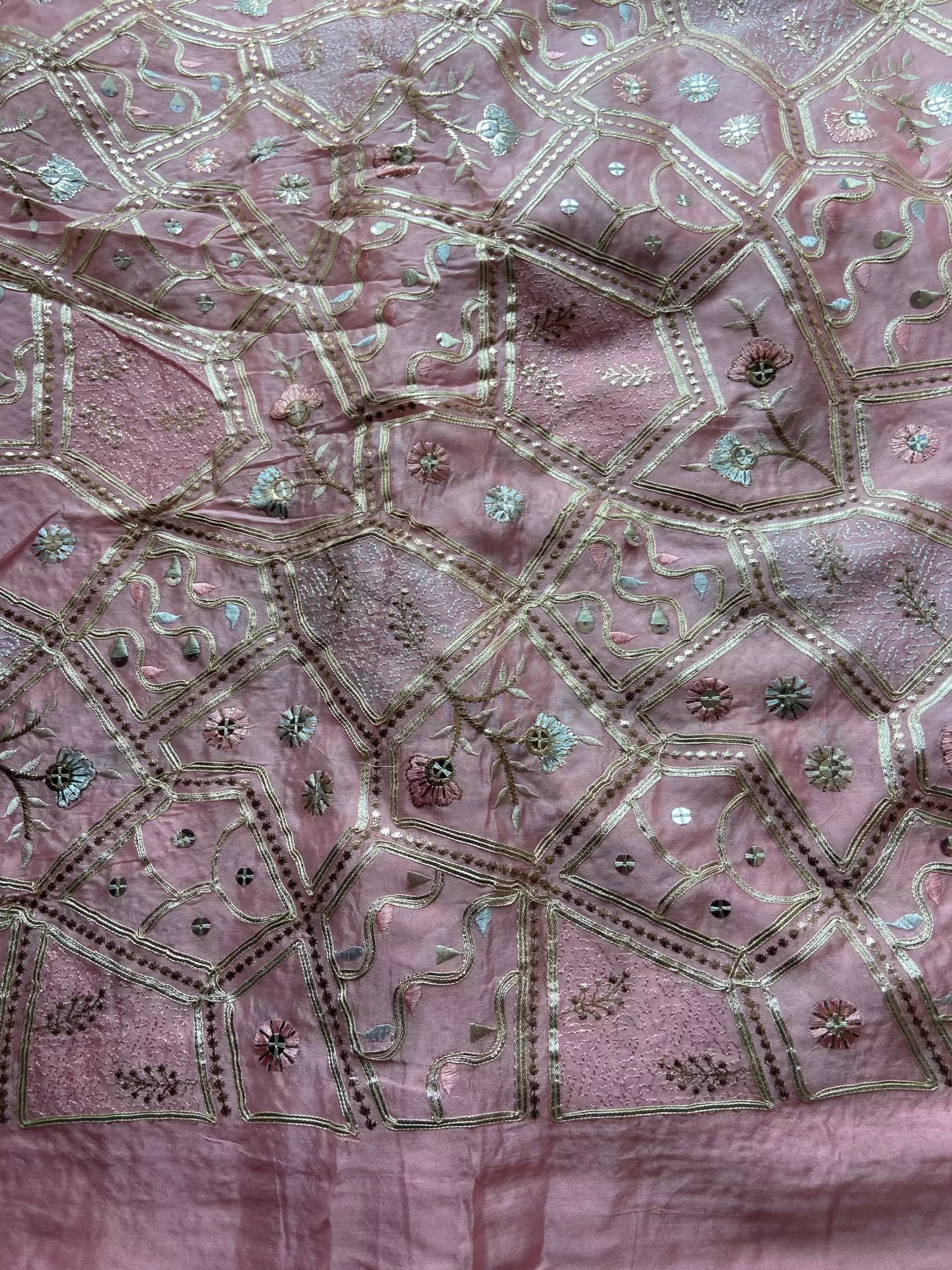 Multicolor abstract Sequin and Gota Embroidered on Pink Pure chinon Fabric