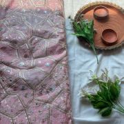 Multicolor abstract Sequin and Gota Embroidered on Pink Pure chinon Fabric