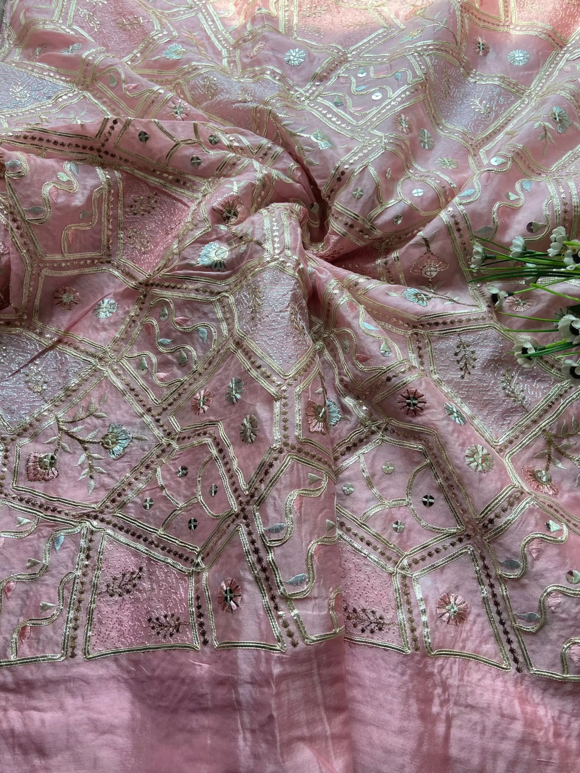 Multicolor abstract Sequin and Gota Embroidered on Pink Pure chinon Fabric