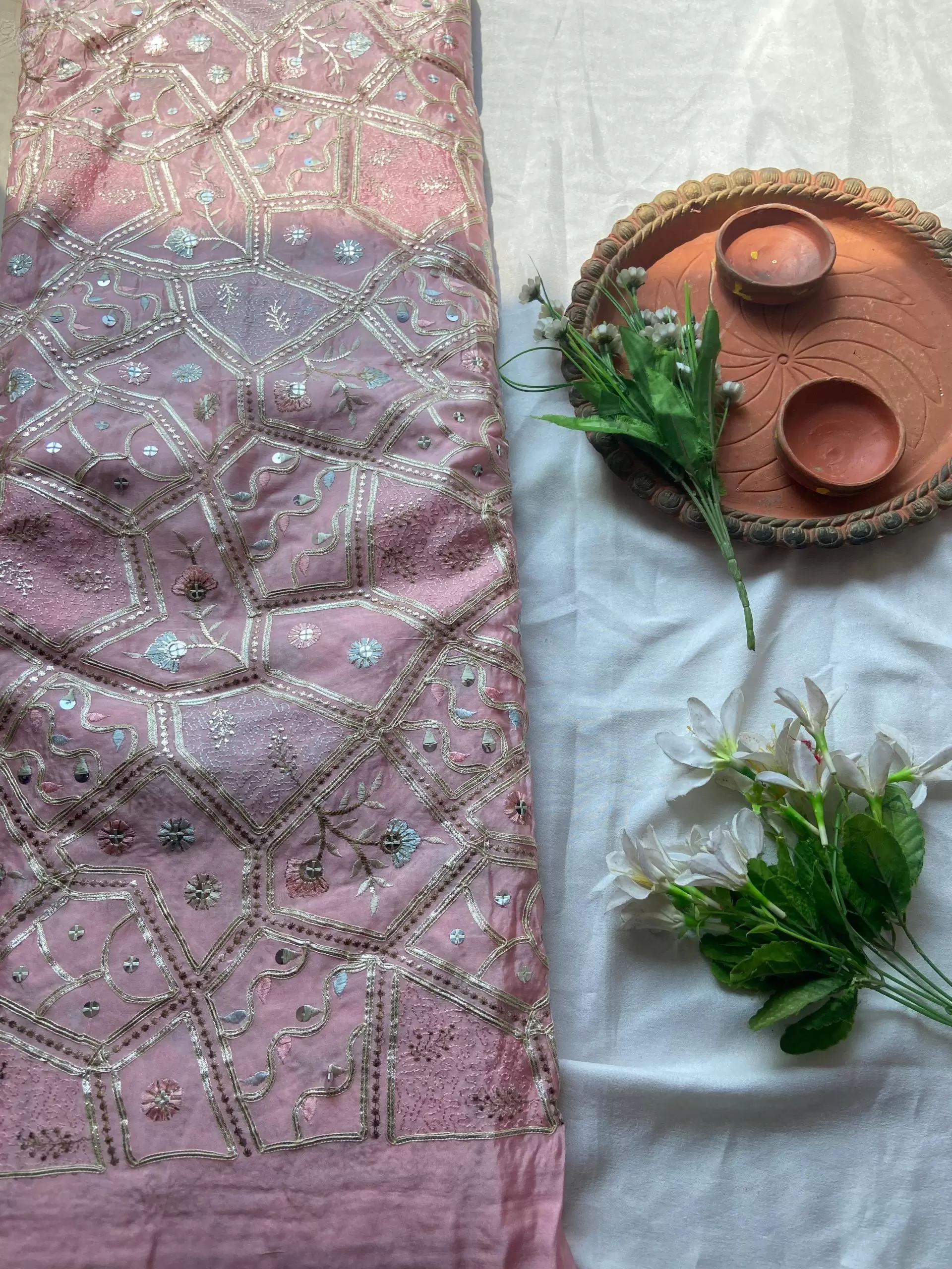 Multicolor abstract Sequin and Gota Embroidered on Pink Pure chinon Fabric