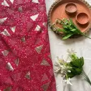 Triangular pattern heavy sequin and zari embroidered Rani Pink Pure crepe fabric