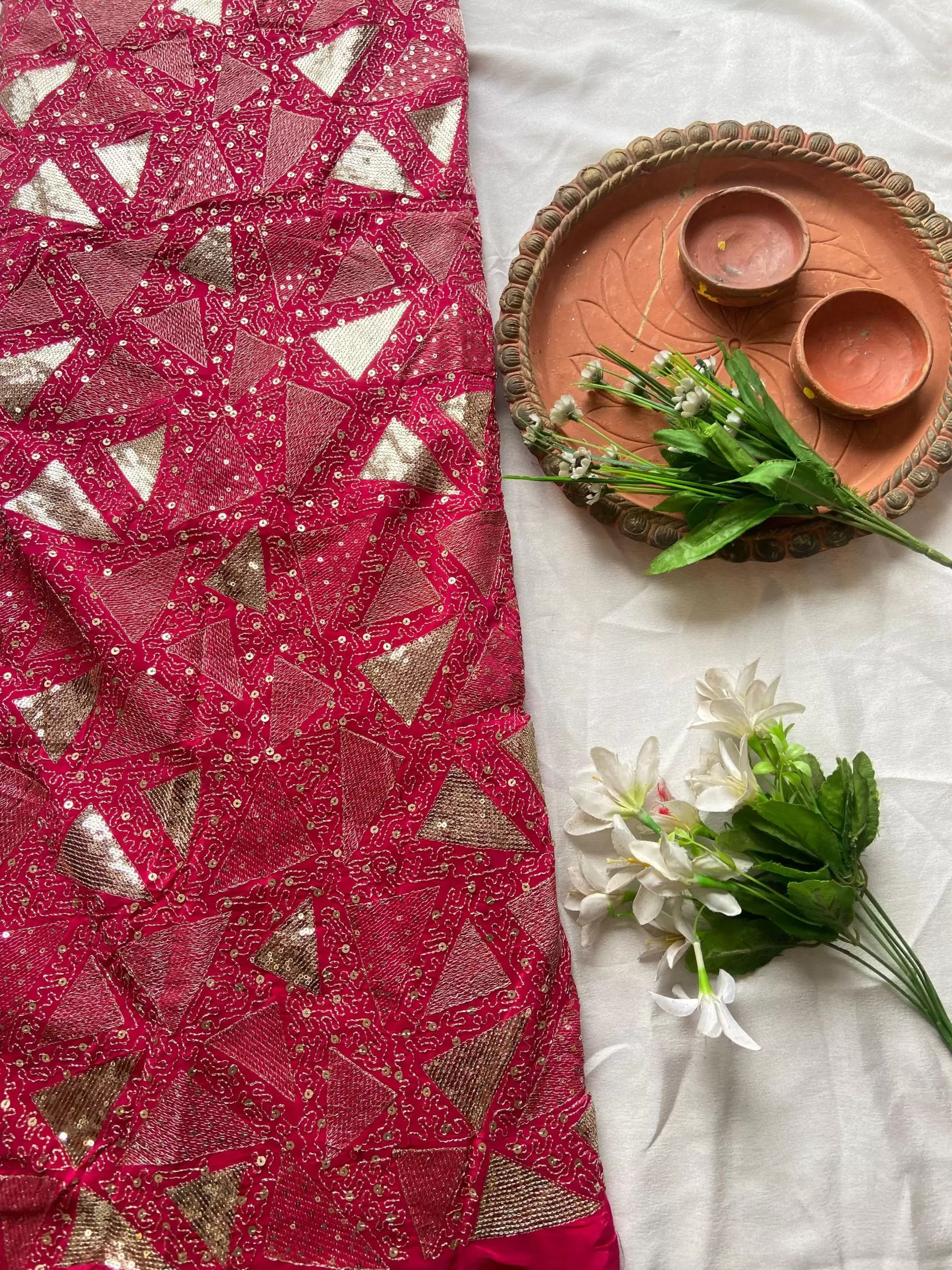 Triangular pattern heavy sequin and zari embroidered Rani Pink Pure crepe fabric