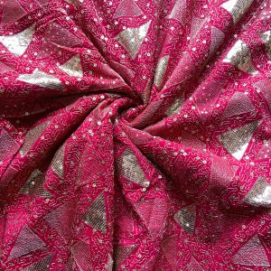Triangular pattern heavy sequin and zari embroidered Rani Pink Pure crepe fabric