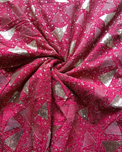 Triangular pattern heavy sequin and zari embroidered Rani Pink Pure crepe fabric