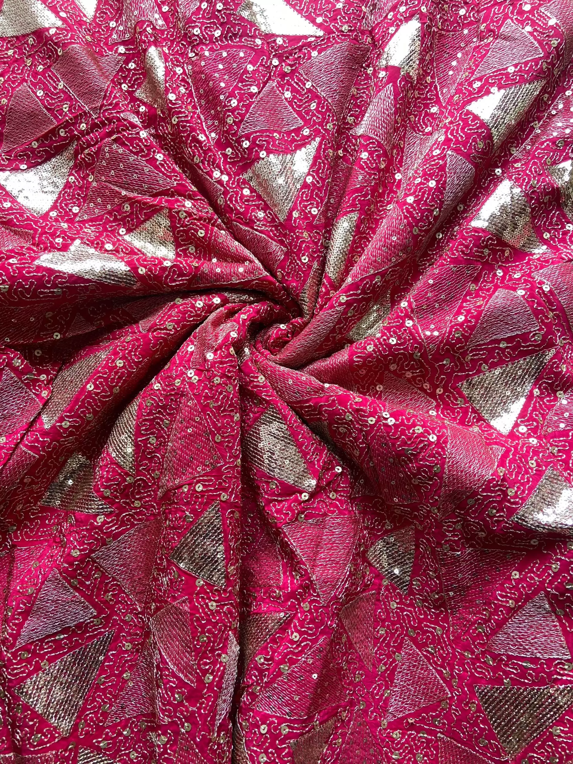 Triangular pattern heavy sequin and zari embroidered Rani Pink Pure crepe fabric