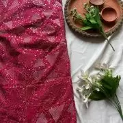 Triangular pattern sequin and zari embroidered Rani Pink Pure crepe fabric