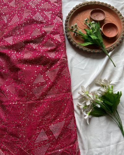 Triangular pattern sequin and zari embroidered Rani Pink Pure crepe fabric
