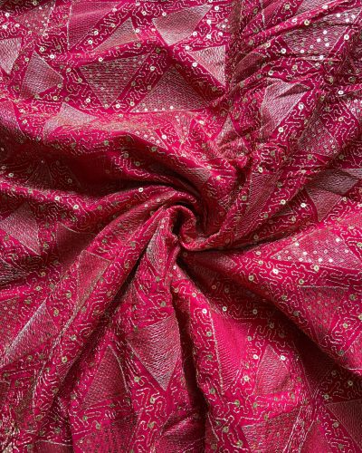 Triangular pattern sequin and zari embroidered Rani Pink Pure crepe fabric