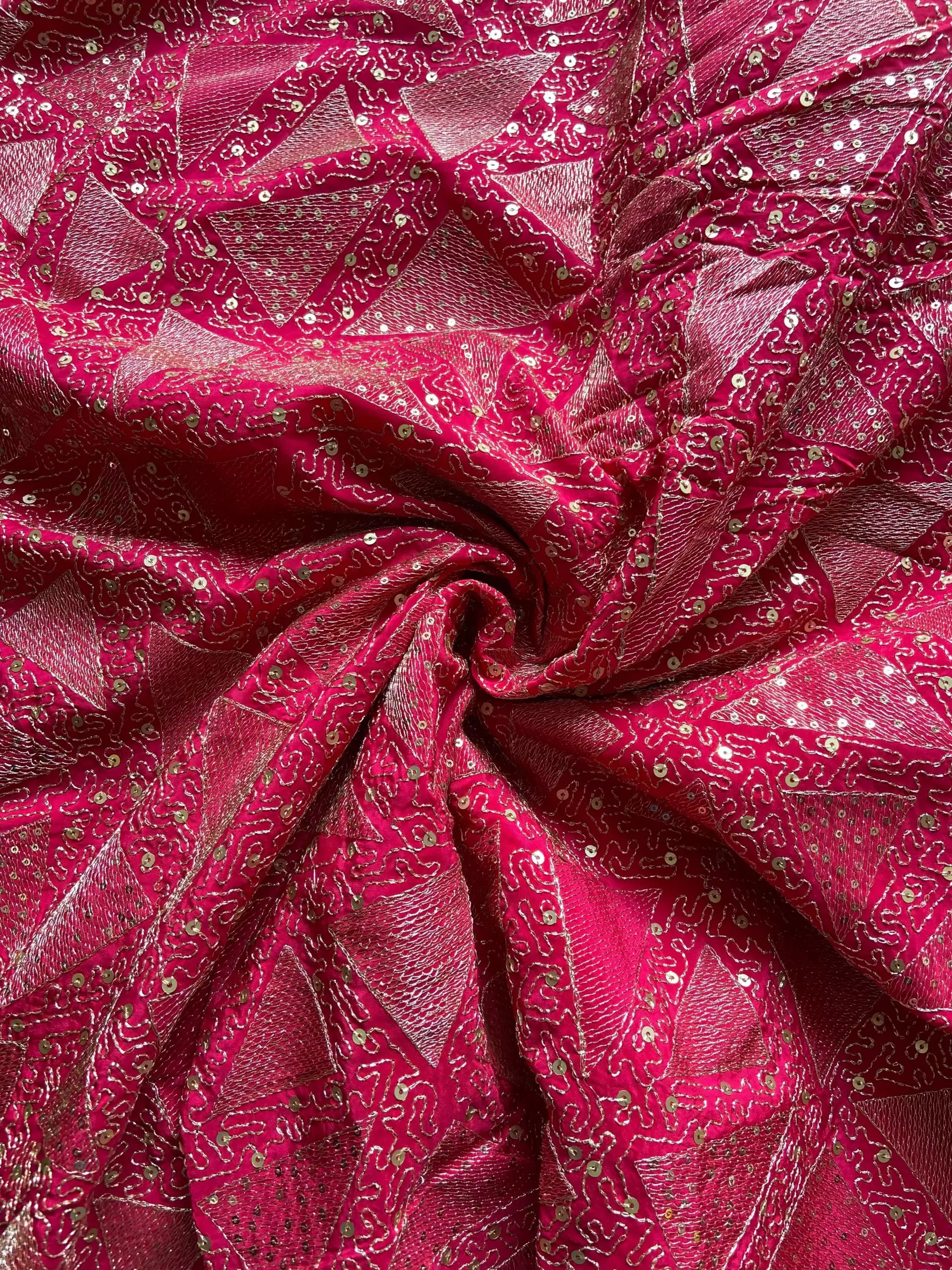 Triangular pattern sequin and zari embroidered Rani Pink Pure crepe fabric